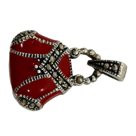 Women’s Pendant Red Enamel Purse Sterling Silver 925 Vintage Marcasite Stones - Picture 9 of 15